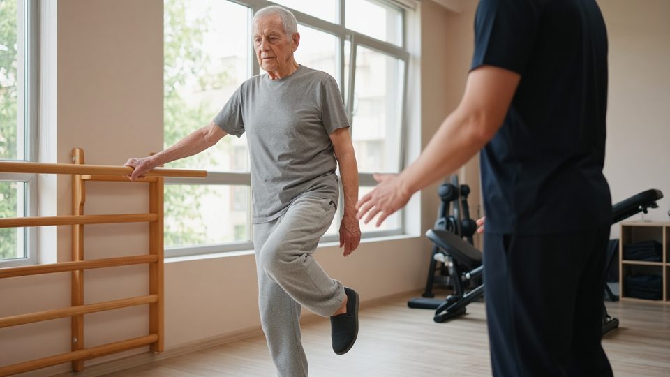 An older man practices single-leg balance at a wall bar while a trainer stands close by