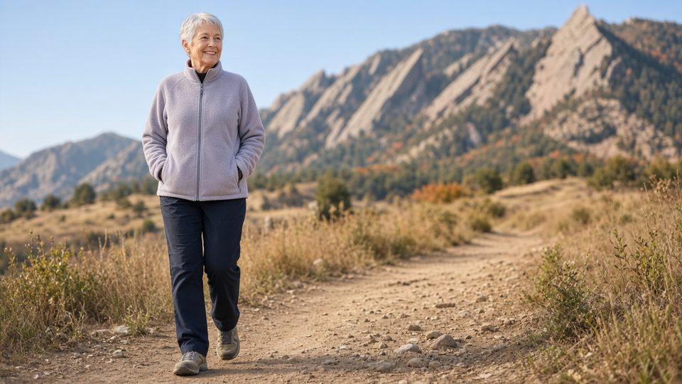 An older woman walks confidently on a Boulder trail with the Flatirons behind her